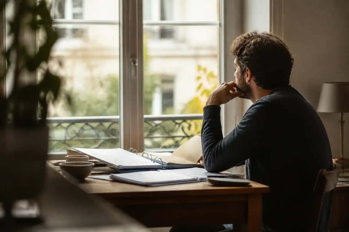 Homme assis devant fenetre, dossiers et cahier ouverts