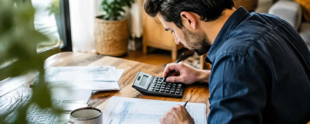 Homme assis penche sur calculatrice et formulaires fiscaux