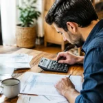 Homme assis penche sur calculatrice et formulaires fiscaux