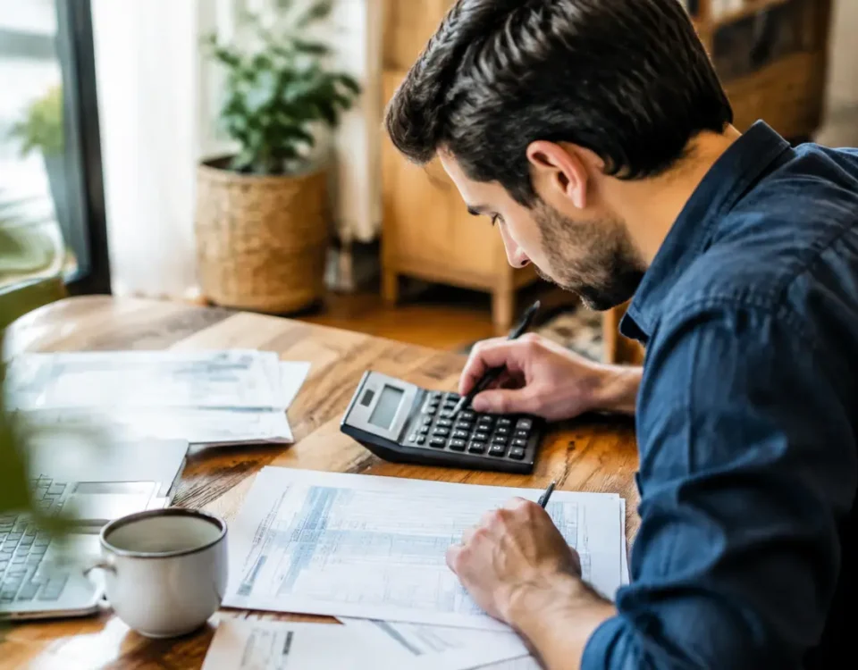 Homme assis penche sur calculatrice et formulaires fiscaux