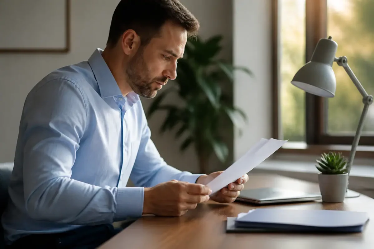 Homme en chemise lisant un document sur bureau