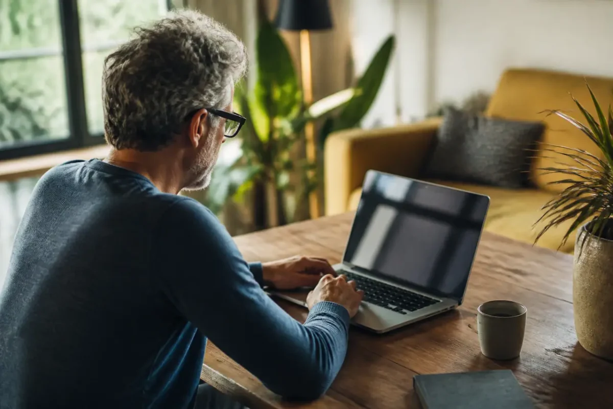 Homme consultant un releve de carriere sur ordinateur portable