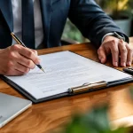 Homme en costume signe un contrat pres dune calculatrice