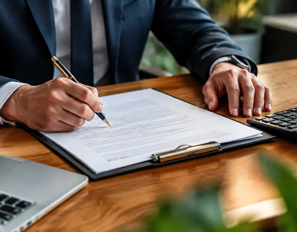 Homme en costume signe un contrat pres dune calculatrice