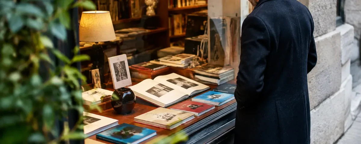un homme debout inspecte une vitrine, classeur ouvert