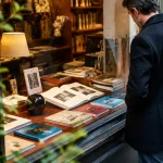 un homme debout inspecte une vitrine, classeur ouvert