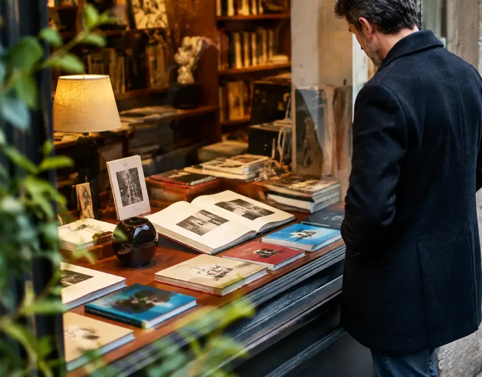 un homme debout inspecte une vitrine, classeur ouvert