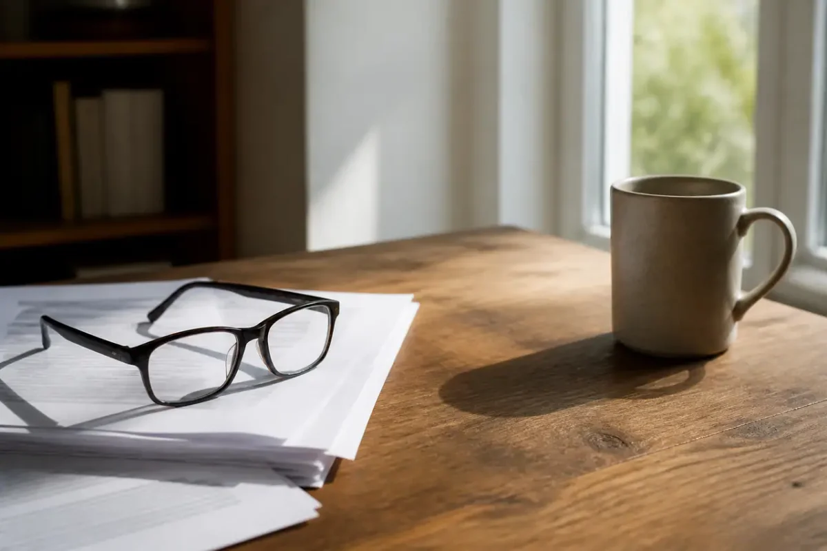 Homme aux lunettes lisant documents pres fenetre lumineuse