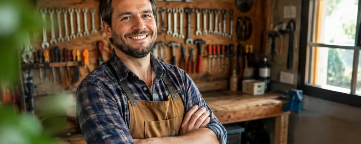 Un homme souriant debout devant un atelier avec outils