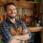 Un homme souriant debout devant un atelier avec outils