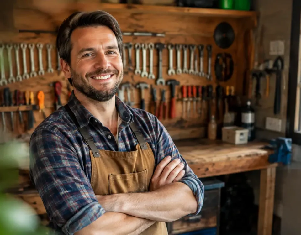 Un homme souriant debout devant un atelier avec outils