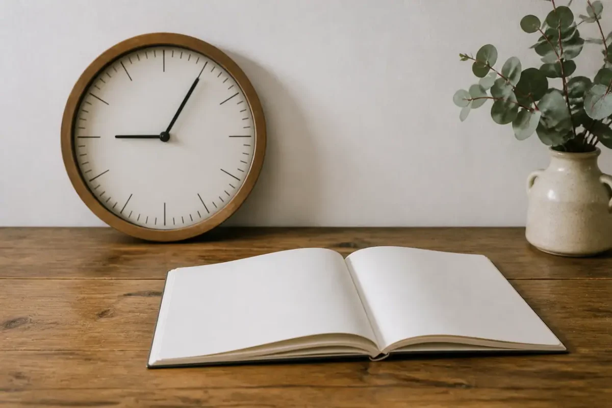 Horloge murale et calendrier ouvert sur une table