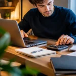 Jeune homme assis devant un ordinateur et une calculatrice
