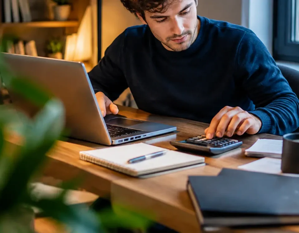 Jeune homme assis devant un ordinateur et une calculatrice
