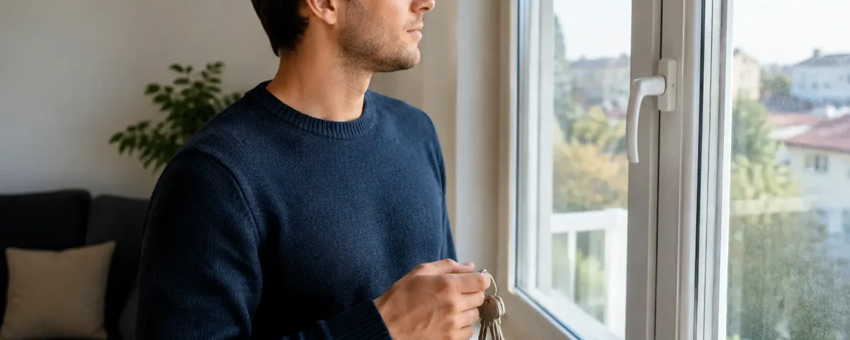 Jeune homme debout tenant des cles pres dune fenetre