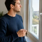 Jeune homme debout tenant des cles pres dune fenetre