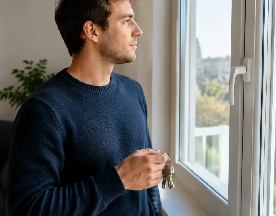 Jeune homme debout tenant des cles pres dune fenetre