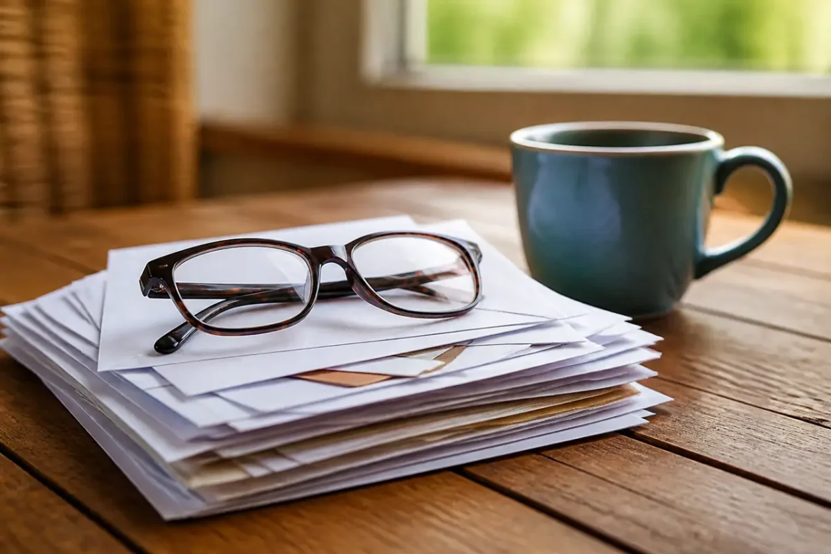 Lunettes posees sur un courrier pres dune tasse