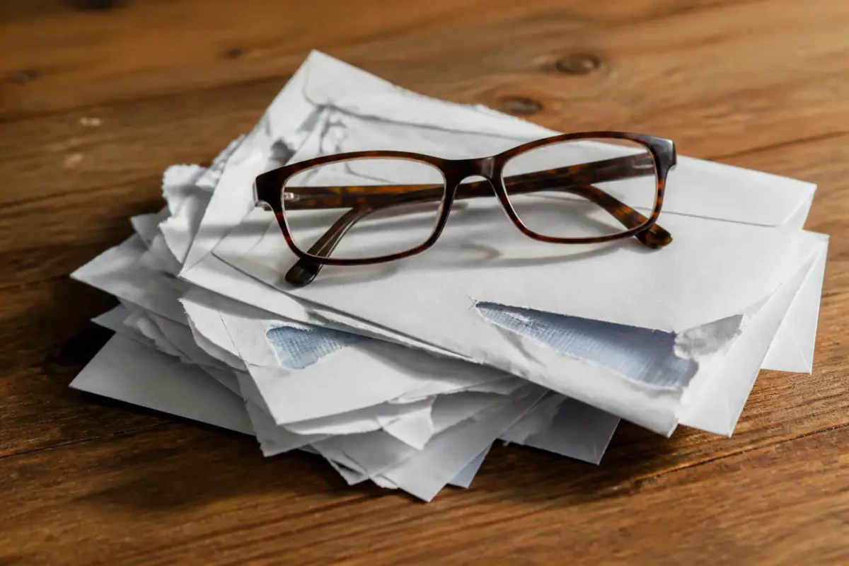Lunettes posees sur une pile de courriers ouverts