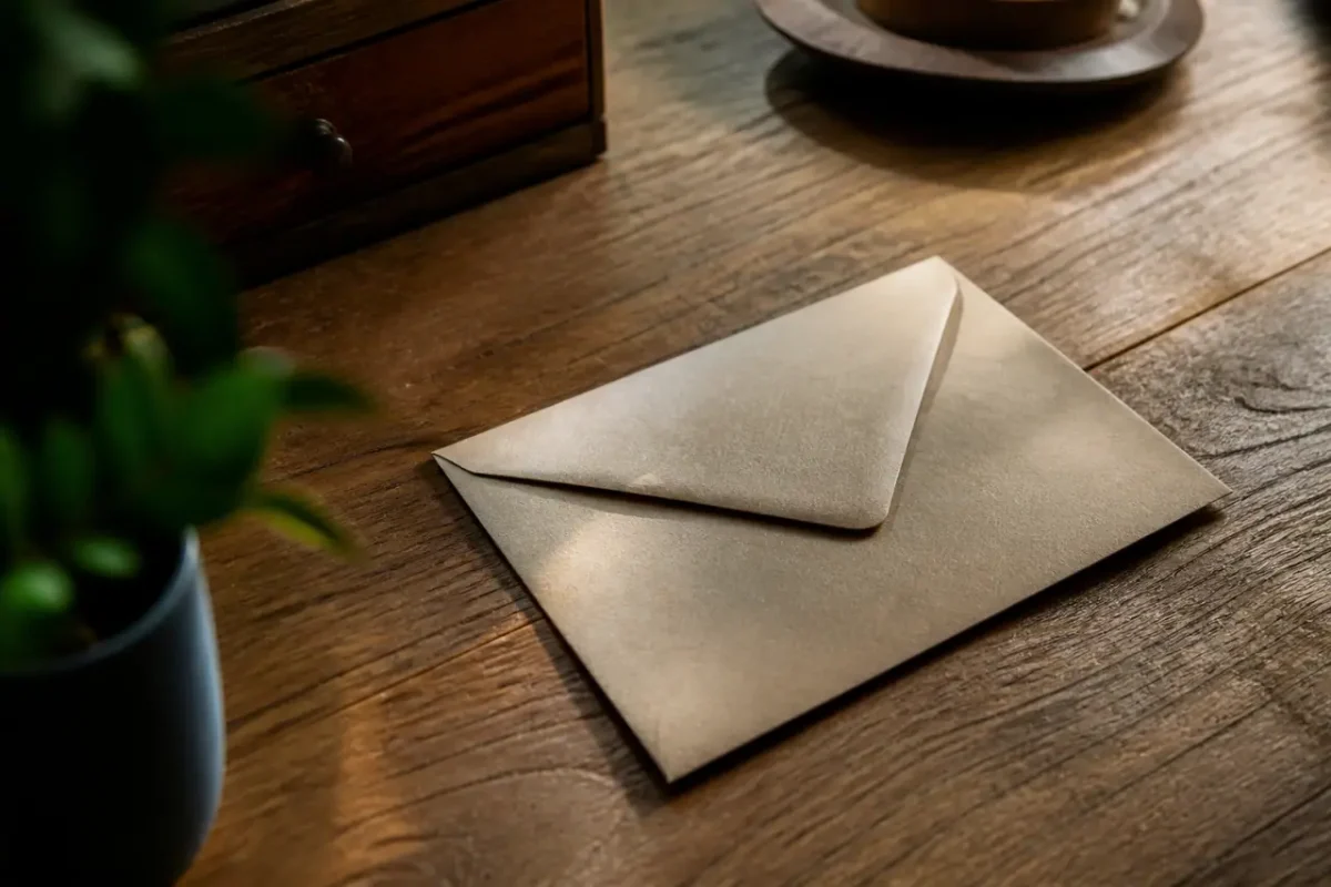Main tenant une enveloppe sur un bureau en bois