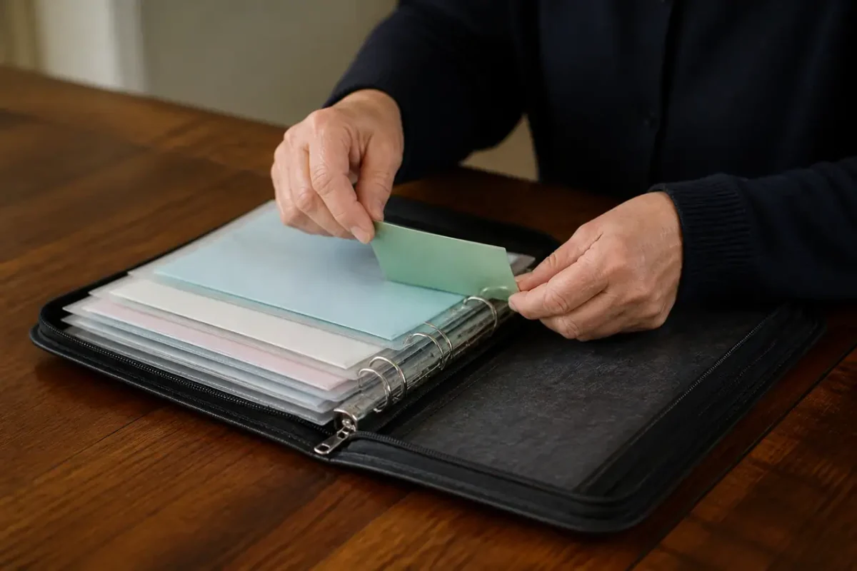 Une main range des livrets bancaires dans un classeur