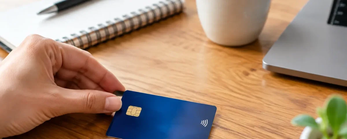 Une main pose une carte bancaire sur une table