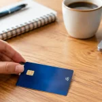 Une main pose une carte bancaire sur une table