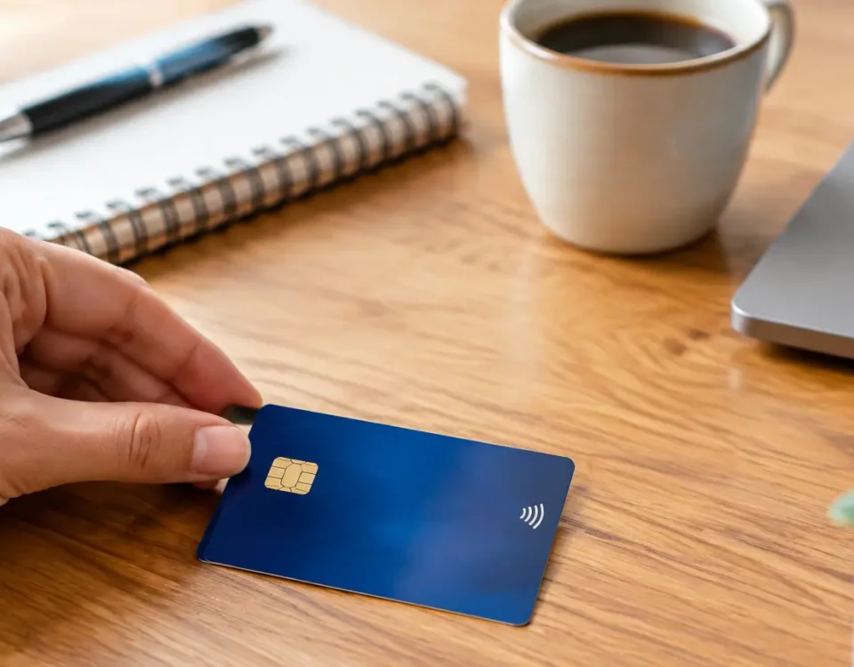 Une main pose une carte bancaire sur une table