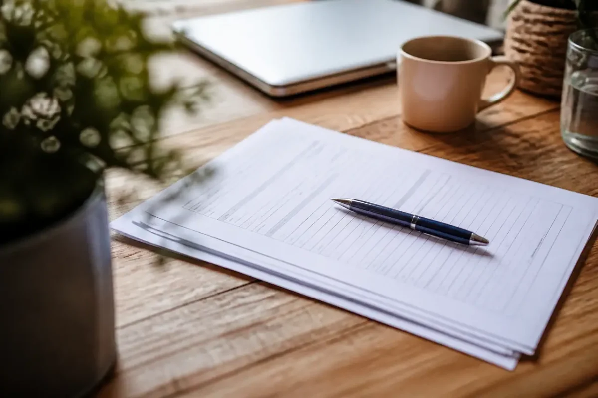 Main remplissant un formulaire administratif sur un bureau