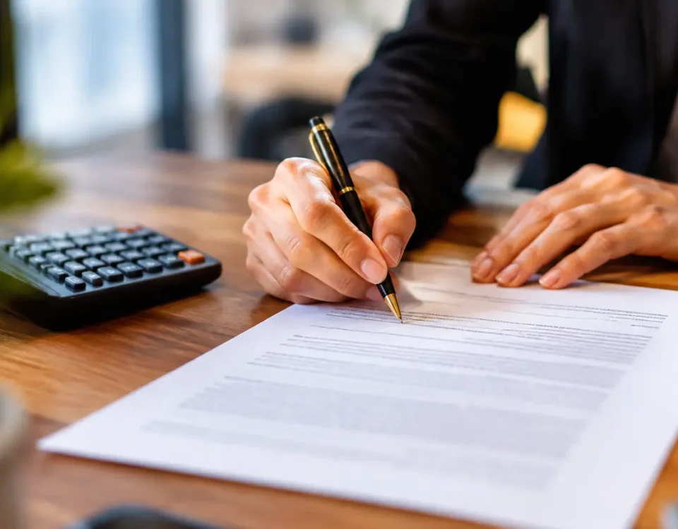 Main signant un contrat papier pres dune calculatrice