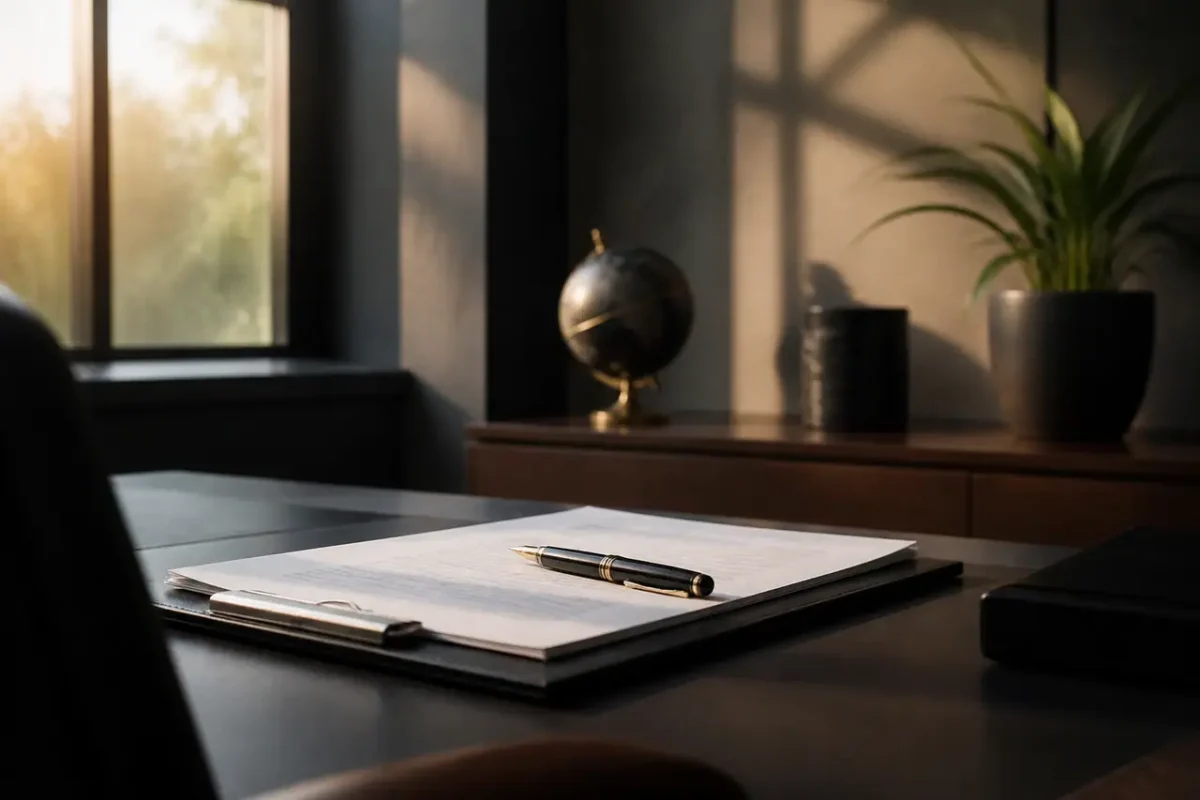 Main signant un contrat avec stylo sur bureau