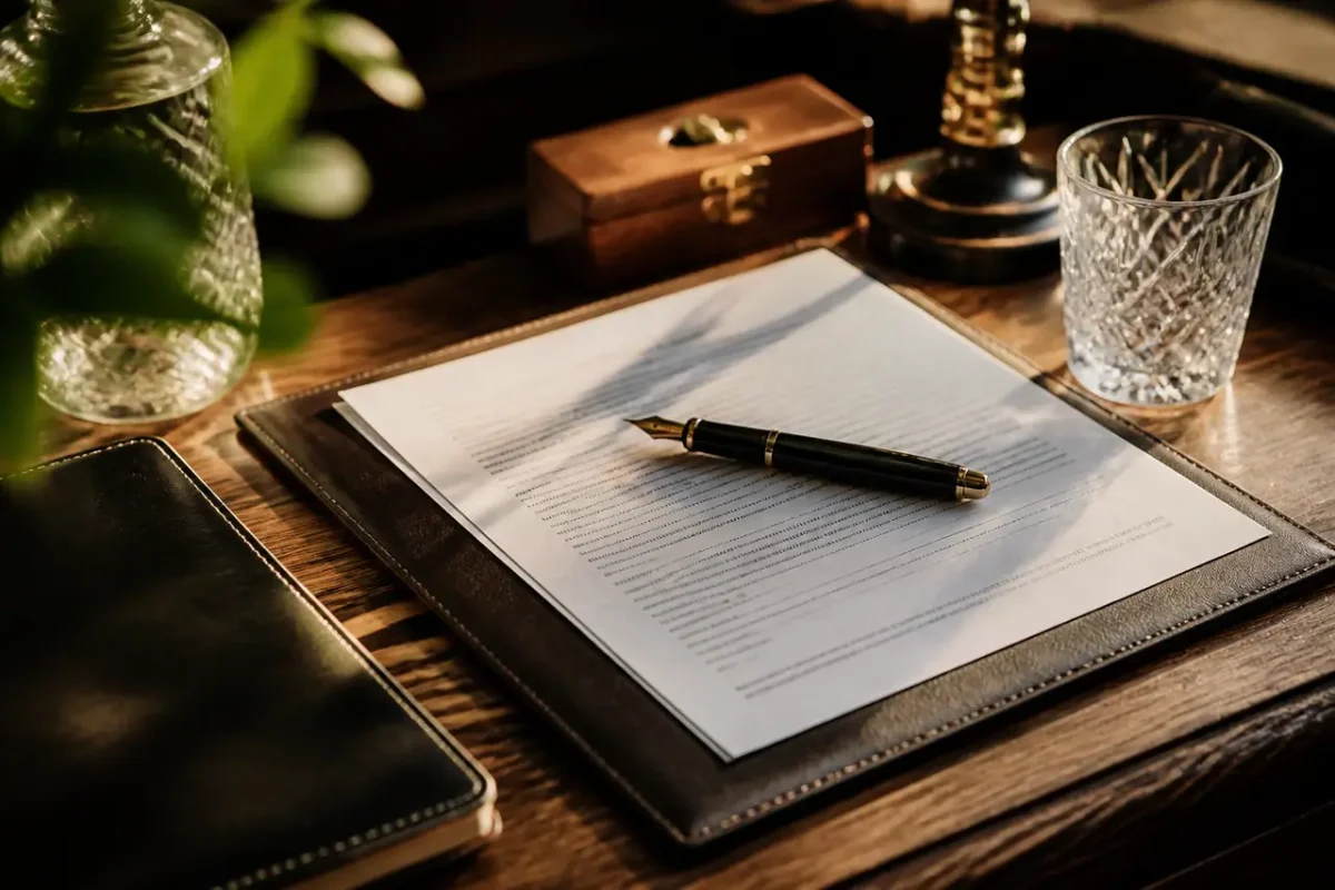 Main signant un document sur un bureau en bois