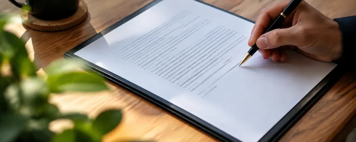 Main signant un formulaire sur un bureau