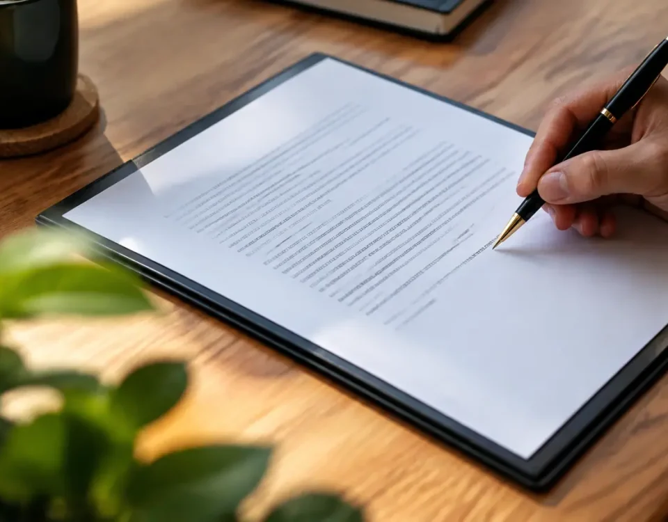 Main signant un formulaire sur un bureau