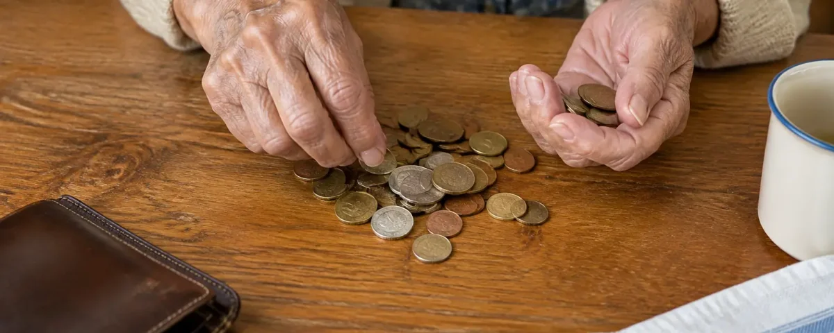 Mains agees penchees comptant des pieces sur une table