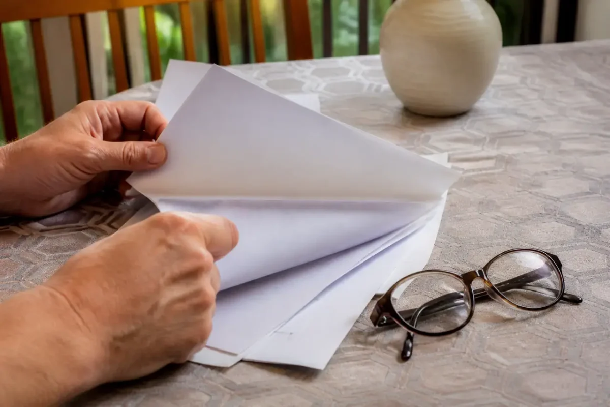 Mains feuilletant facture papier lunettes posees sur table
