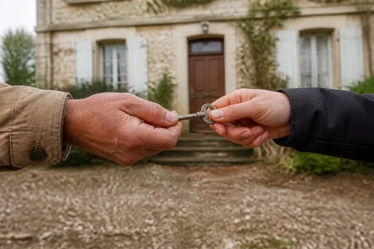 Deux mains serrent une cle devant une vieille maison