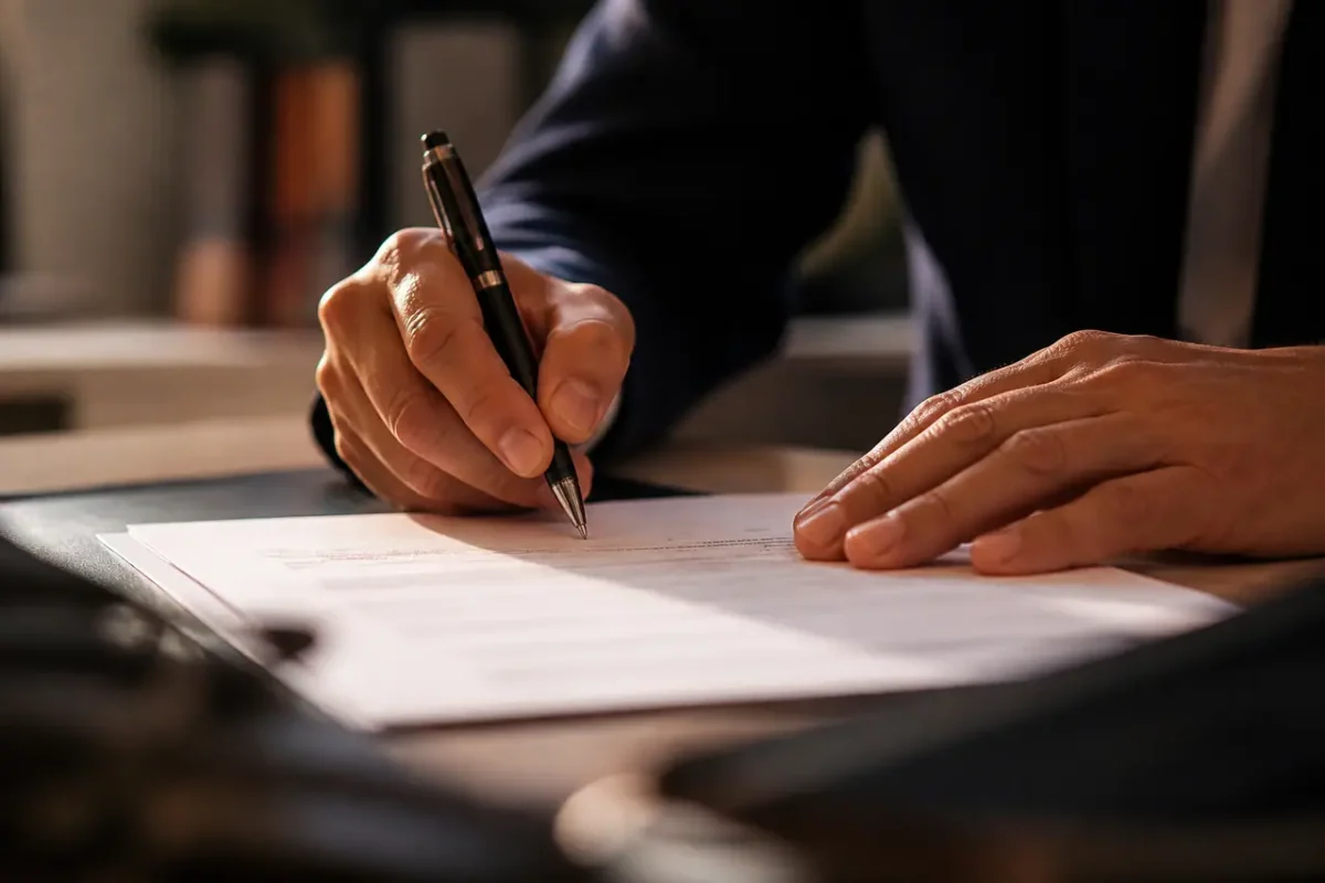 Deux mains signant un contrat avec stylo sur bureau
