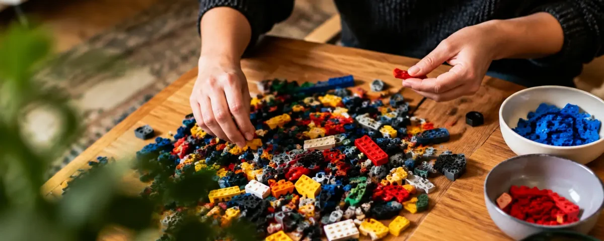 Mains triant des briques Lego sur une table