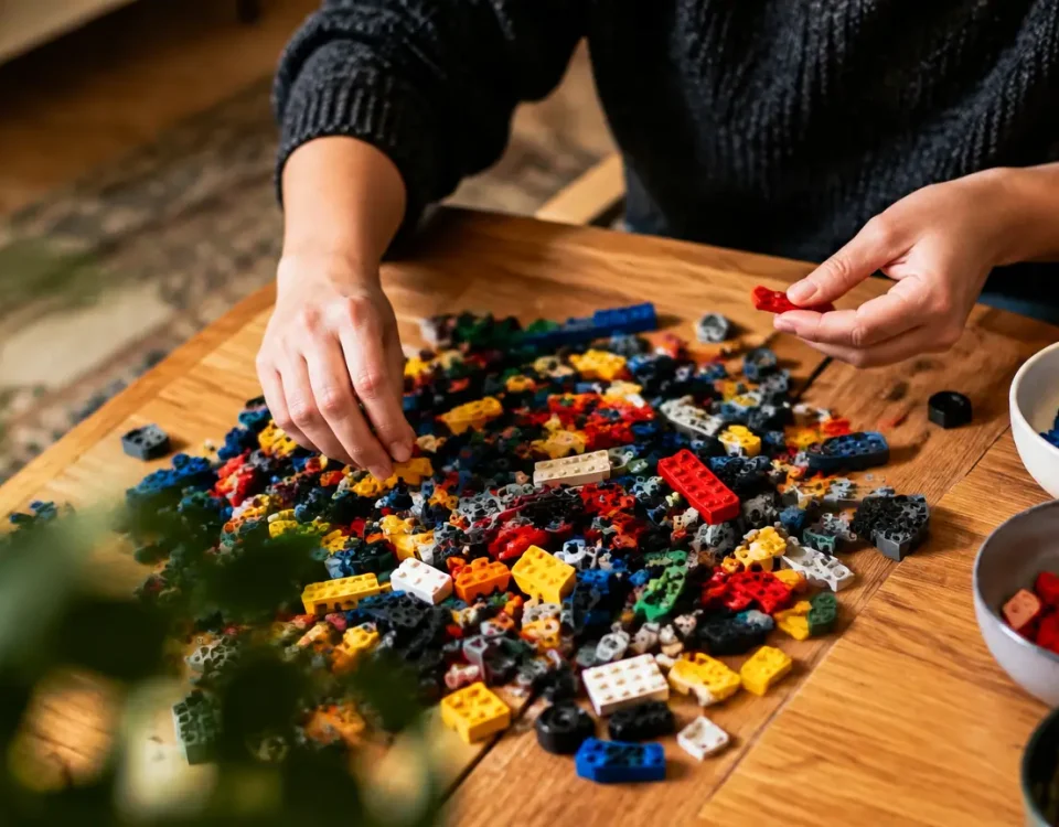 Mains triant des briques Lego sur une table