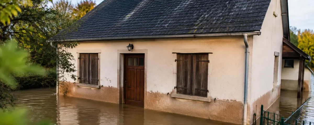 Maison basse cernee par eau brune, portes fermees