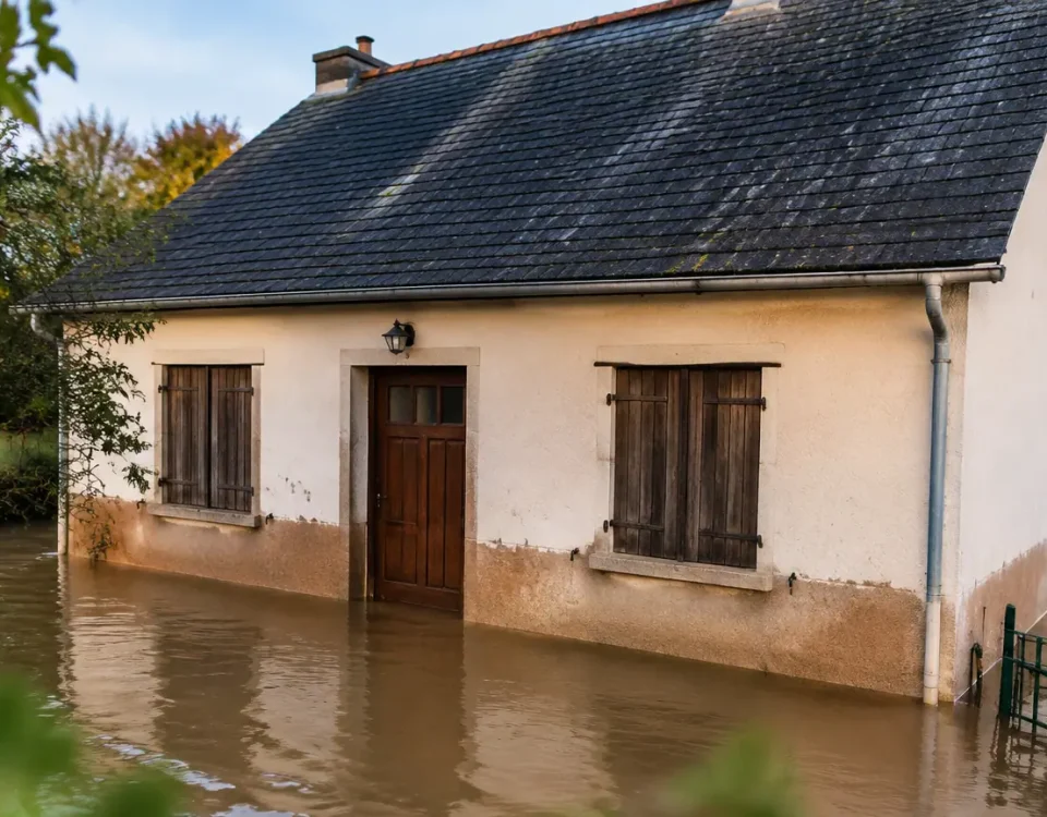 Maison basse cernee par eau brune, portes fermees
