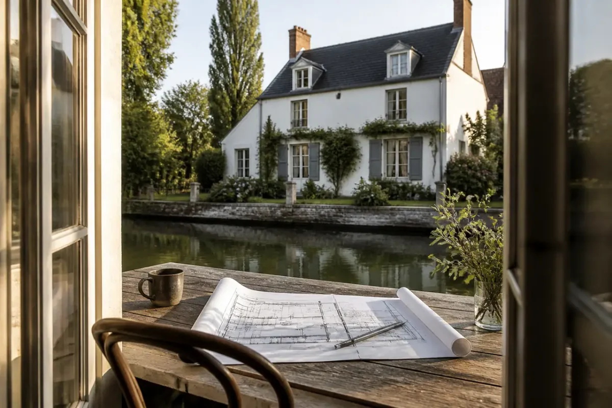 Maison blanche au bord d'un canal, plan papier ouvert