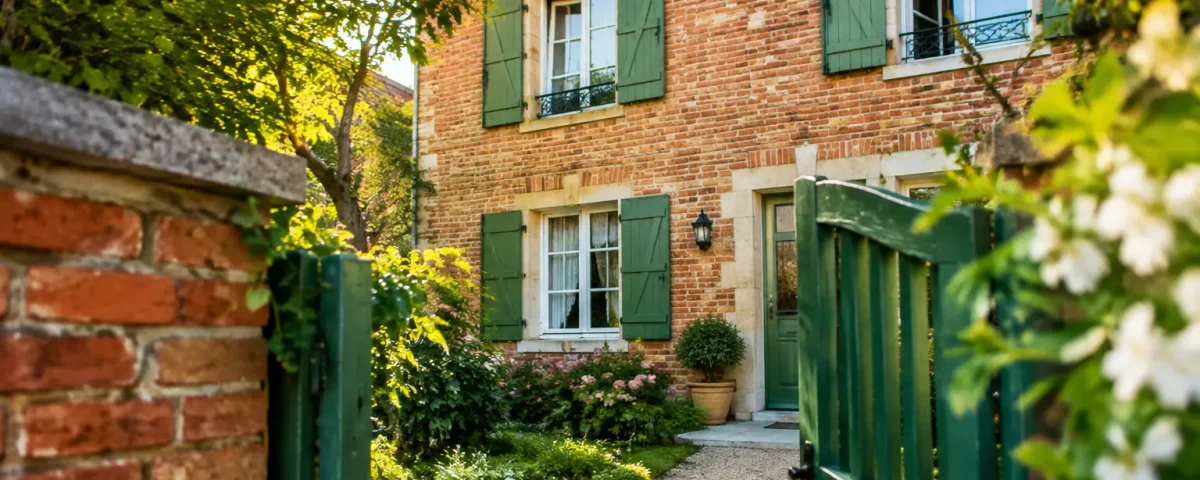 Maison en briques, volets verts et portail ouvert
