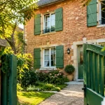 Maison en briques, volets verts et portail ouvert