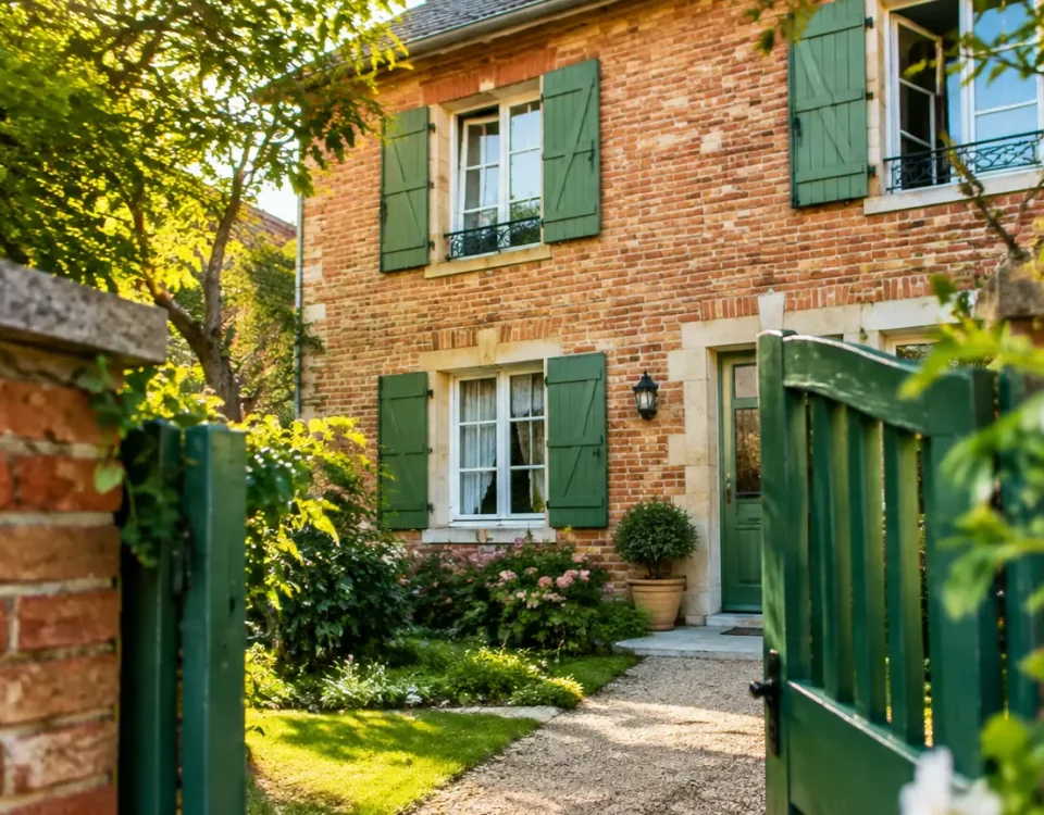 Maison en briques, volets verts et portail ouvert