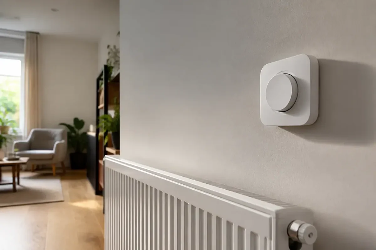 Maison individuelle avec thermostat mural et radiateur blanc