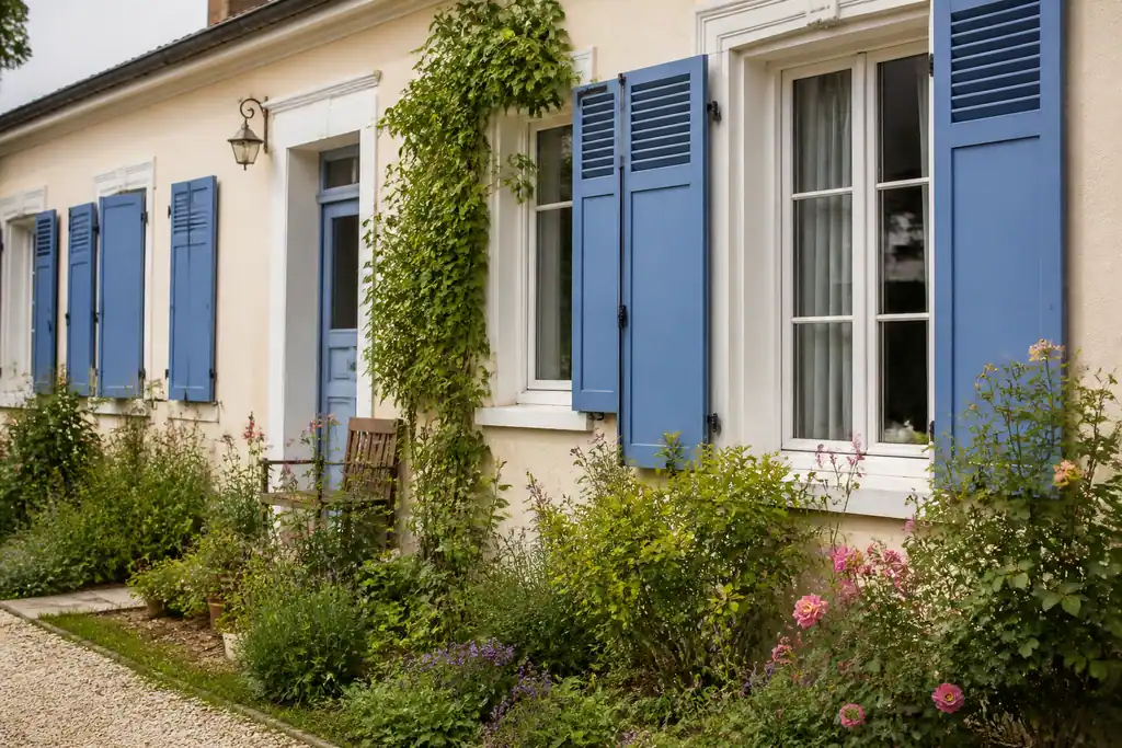 Maison de ville aux volets bleus et jardinet