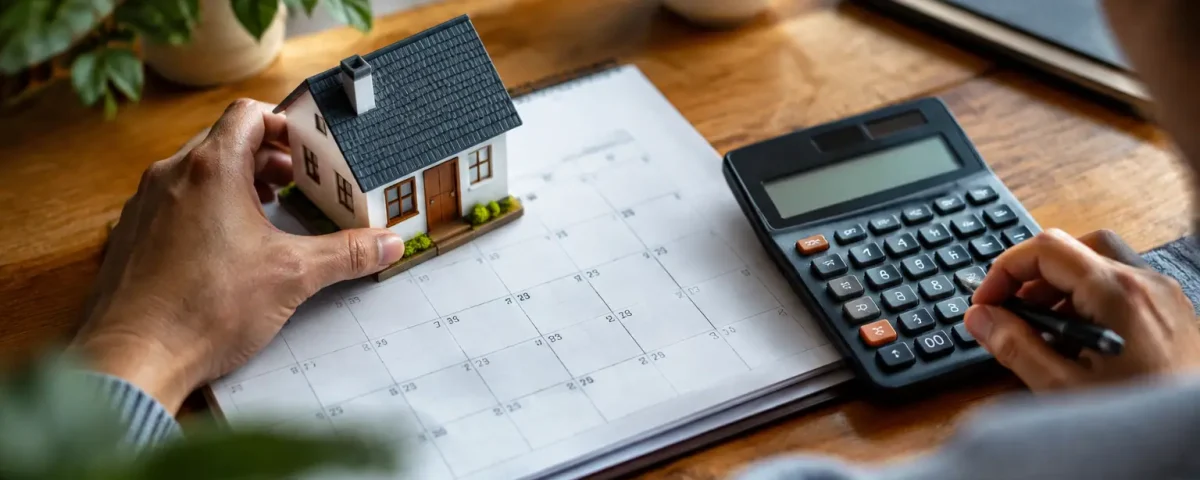 Maquette de maison sur un calendrier et calculatrice
