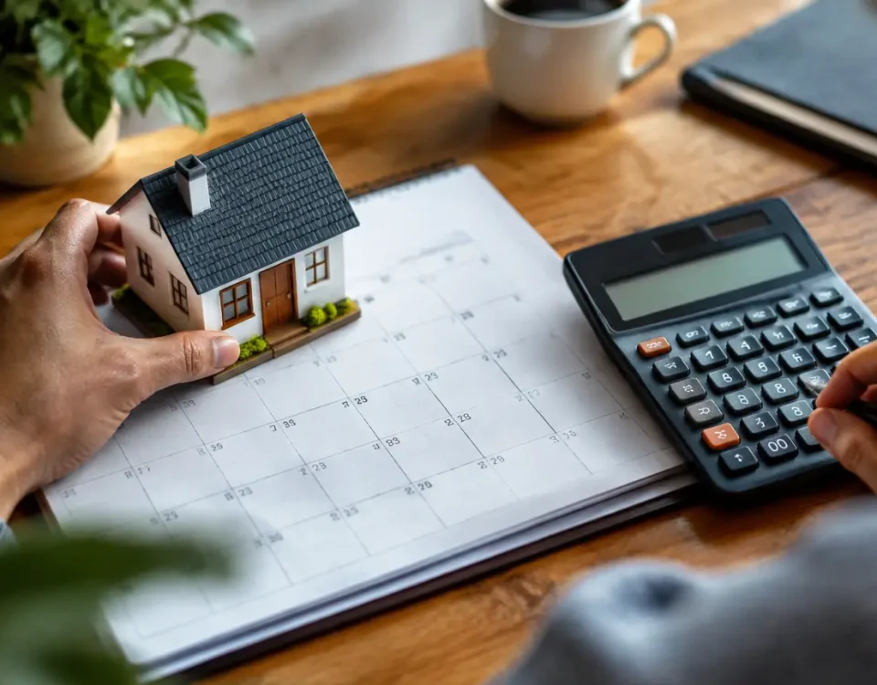 Maquette de maison sur un calendrier et calculatrice